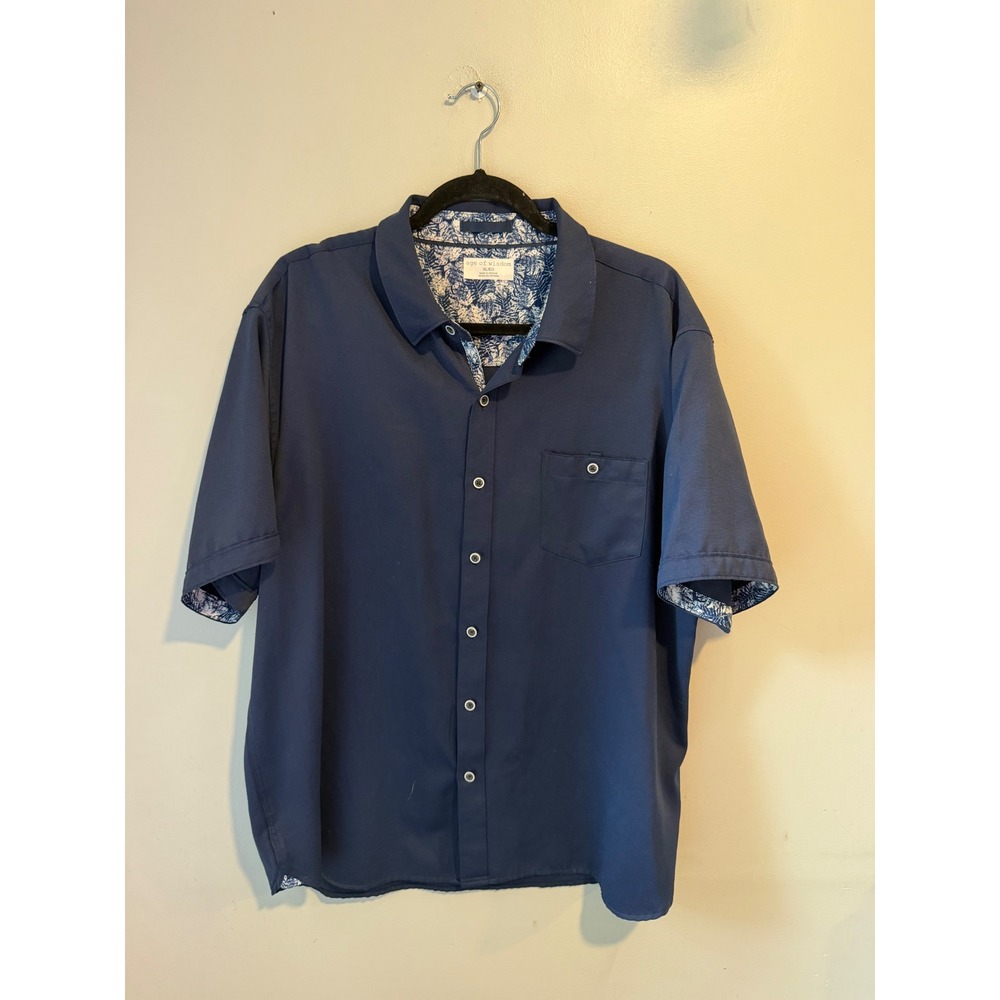 Age of Wisdom Mens XL Navy Blue Short Sleeve Button Down Shirt Tropical Trim